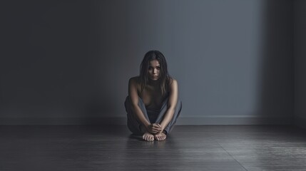 Fototapeta na wymiar The depression woman sit on the floor