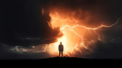 Storm sky with lightning and sun on the background silhouette of a man - obrazy, fototapety, plakaty