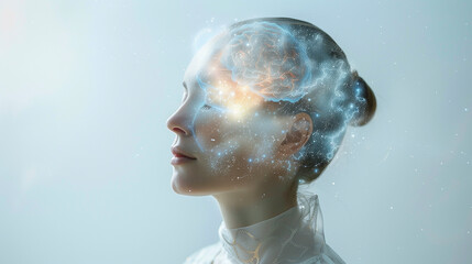 a creative portrayal of a woman with a cosmic theme overlaid on her head, showing a transparent...