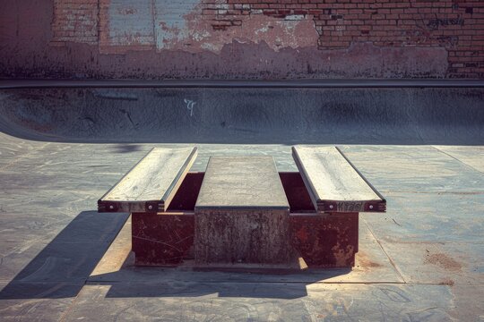 This image captures a rustic skatepark feature bathed in warm urban sunlight, highlighting textures and colors