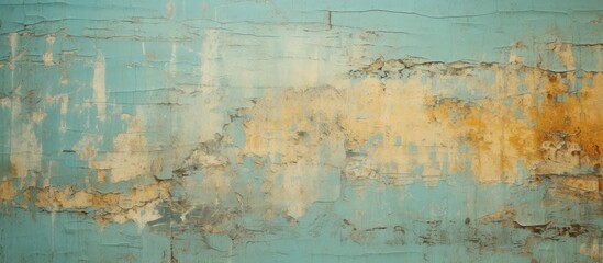 Peeling paint in shades of yellow and blue on a close-up of a wall's surface, revealing a weathered and textured appearance
