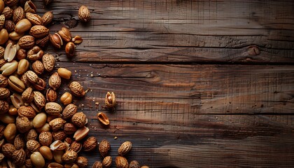Organic Peanuts in Shell on Wooden Table, Healthy Snack in Natural Setting - obrazy, fototapety, plakaty