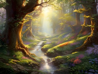 Fantasy forest with a stream and a tree. Digital painting.