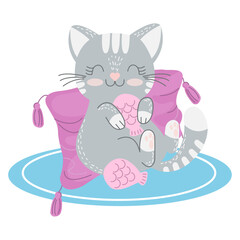 Cute grey kitten on a pillow with cat food