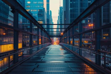 A dramatic modern urban walkway with symmetrical lines leading toward an illuminated city skyline...