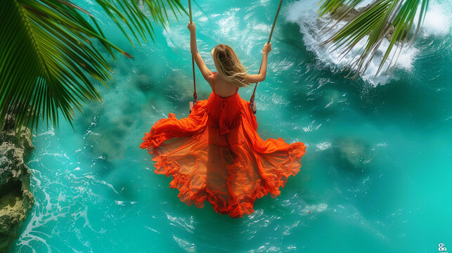 The top view of a beautiful lady wearing a vibrant red dress, enjoying herself on a swing above a crystal clear blue ocean