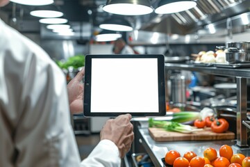 Chef in professional kitchen holding a digital tablet with a blank white screen, ideal for menu or recipe display