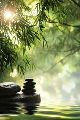 Zen Stones under Olive Tree Leaves in Morning Light by Tranquil Water