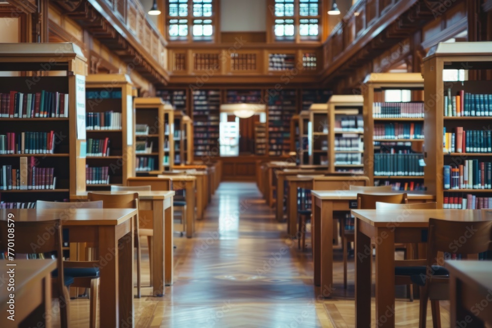 Poster classic wooden library setting exuding a calm and scholarly atmosphere with bookshelves and reading 