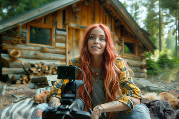 female travel influencer sits in front of the camera and reports about her trip, a wooden hut in the background