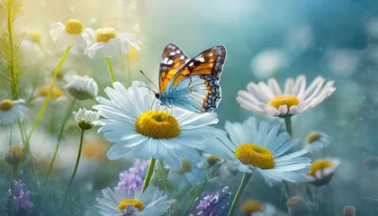  Beautiful wild flowers daisies and butterfly in morning cool haze in nature spring close-up macro. Delightful airy artistic image beauty summer nature © adobedesigner