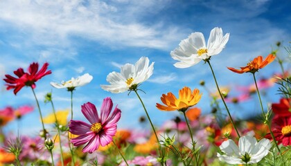 Multicolored cosmos flowers in meadow in spring summer nature against blue sky. Selective soft focus.