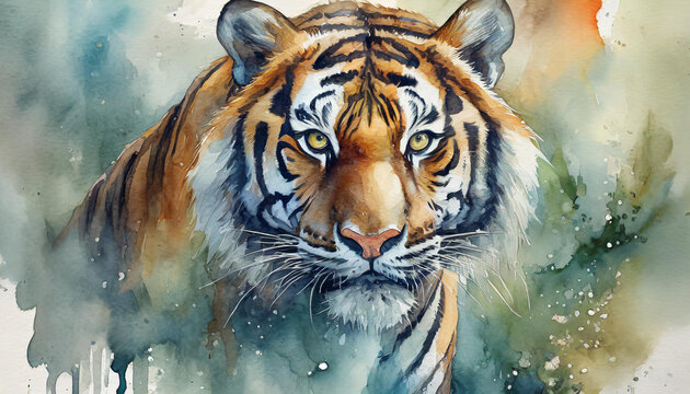 Watercolor illustration tiger portrait. Beautiful wildlife world