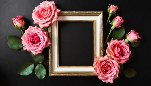 Creative minimalism flat lay with photo frame and pink roses on black background. Valentines day, Mother and Spring concept. Mockup concept 
