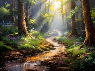 Panoramic view of a spring forest with sunbeams passing through it
