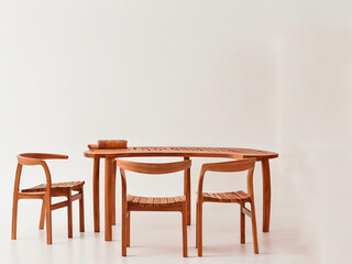 simple, functional wooden furniture made from teak and curved designs against a white background - generated by ai