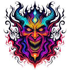 A colorful and detailed illustration of a devil or devilish face, with its mouth wide open and eyes glowing red. The face is adorned with various artistic elements.