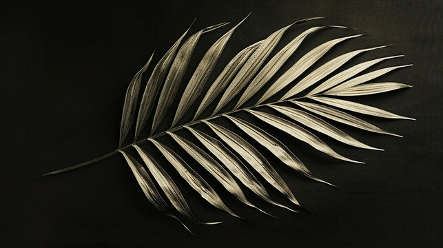 An isolated palm frond silhouette, its intricate pattern of leaves creating a lace-like effect against a pure black background.