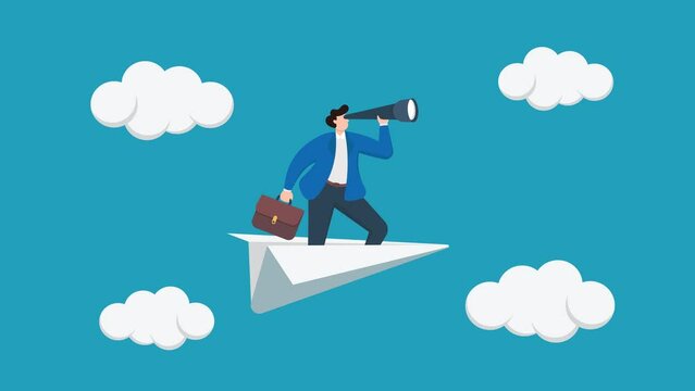Character Animation to Achieve Goals or Success, Career Achievement, Character Concept Riding a Paper Plane Flying above the Clouds