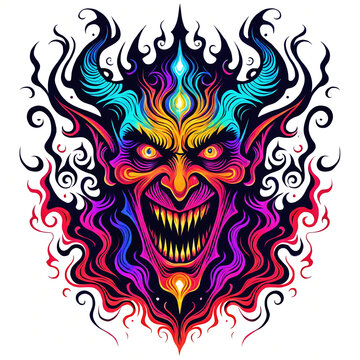 A colorful and detailed illustration of a devil or devilish face, with its mouth wide open and eyes glowing red. The face is adorned with various artistic elements.