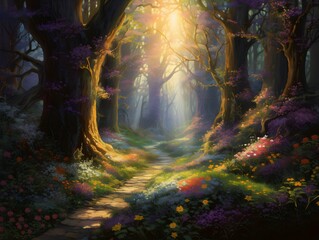 Fantasy forest with fog and sun rays. 3D illustration.