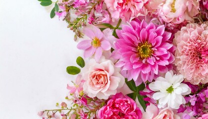 Fototapeta premium Many different pink flower mix frame floral background with white blank clear copy space.