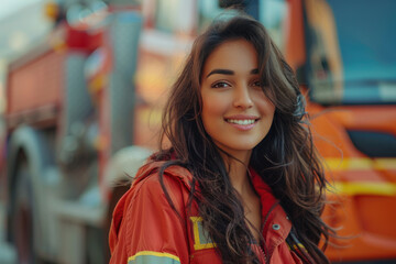 Indian woman wearing firefighter uniform, fire engine background