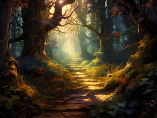 Digital painting of a path in the forest with trees and fog, 3d illustration