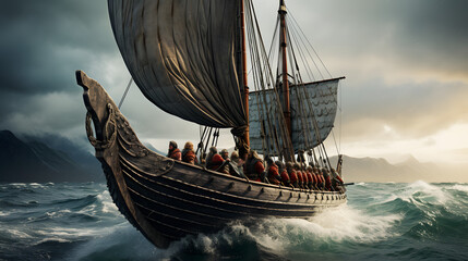 ultra-realistic photograph of viking longship crossing rough seas - obrazy, fototapety, plakaty