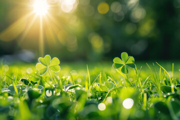 Four Leaf Clovers in Grass With Sun in Background