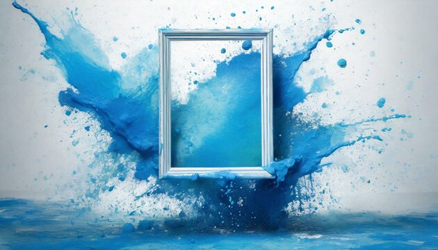Blue splashes of paint with square frame on white background