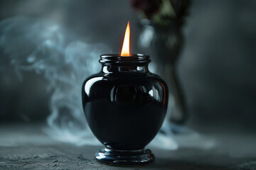 Black Vase With Lit Candle