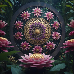A flower display of sacred geometry intertwined with the intricate patterns of The Flower of Life.