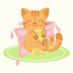Fototapeta premium Cute red kitten on a pillow with cat food
