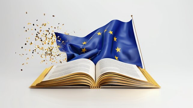 Modèle d’arrière-plan de la carte de voeux « Journée européenne des langues » avec l’icône du drapeau européen volant et un livre ouvert décoré d’éclaboussures d’or esthétiques