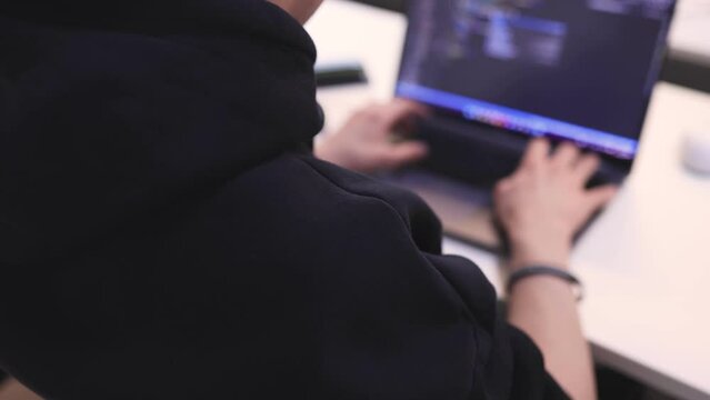 Software developer students in auditorium hall working on computer and laptop, programming contest hackathon competition, pc with coding program app, competitive programming for software engineer