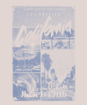 Vintage Summer beach print for grunge effects for Los angels California, beach slogan text print , sunset, palm tree, sea waves, relax chare and lettering mixed together beach vibes, t-shirt print 