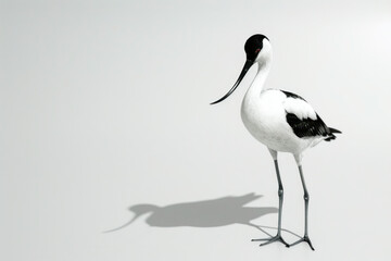  Black-and-White Avocet Standing Alone with Its Shadow on a Light Background - obrazy, fototapety, plakaty