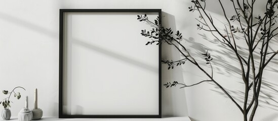 A black frame with a desert plant and tree limbs on a shelf or table with a white wall and shelf. The frame is in portrait orientation.