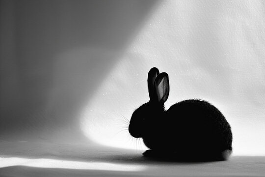 Bunny silhouette with long ears flopped forward, resting, serene vibe, white backdrop.