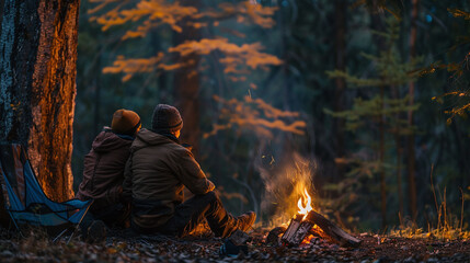 campfire in the woods, Two people sitting by a campfire in the forest at dusk. Outdoor adventure and companionship concept.