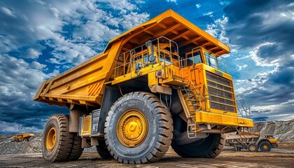 Huge yellow anthracite mining truck in active open pit coal mine industry operation