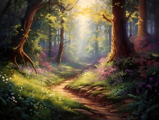 Digital painting of a path through a forest in the light of the sun