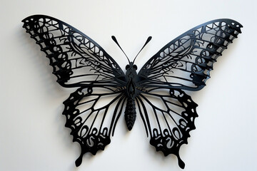 Butterfly silhouette with detailed wing patterns, poised for takeoff, solid white background.