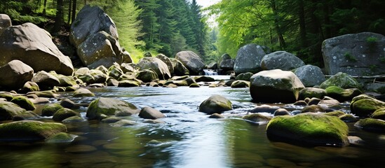Beautiful landscape with a river and stones in the forest. Panorama.