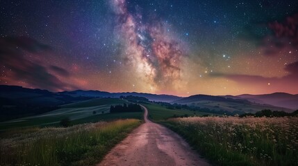 Starry Night Sky Over a Serene Mountain Valley Road - obrazy, fototapety, plakaty