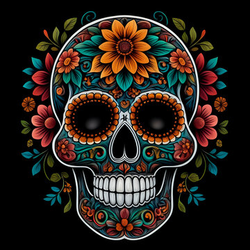 Sugar skull with Dia De Los Muertos inspired artwork, detailed artwork, against a matte black background - generated by ai
