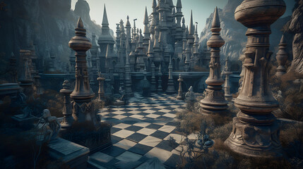a chess game is in battle with castles and knights - obrazy, fototapety, plakaty