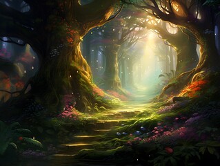 Fantasy landscape with magic forest and lights. 3d illustration.