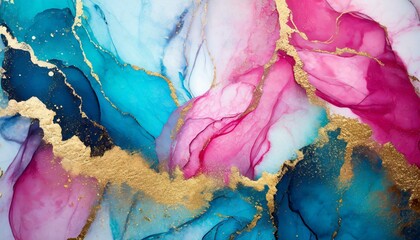 Marble ink abstract art background. Luxury abstract fluid art painting in alcohol ink technique, mixture of blue, pink and gold paints. - obrazy, fototapety, plakaty